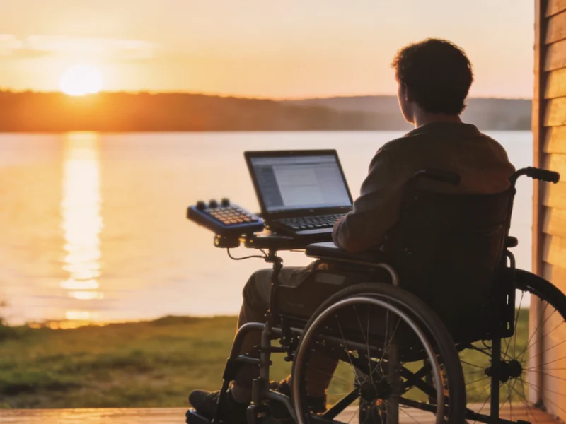 Person sitting on porch area looking at sunset, has computer with assitive technology