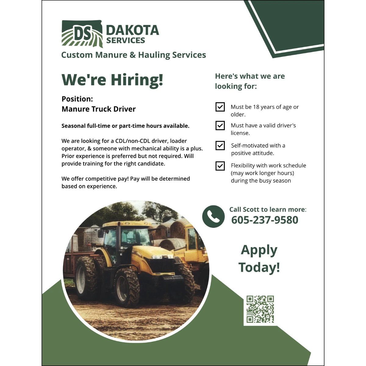 Dakota Services flyer - Dakota Services, We're Hiring information flyer