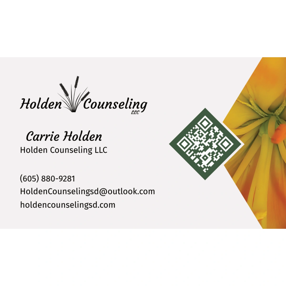 Front of Holden Counseling LLC business card. Yellow flower with QR code in a green box.
