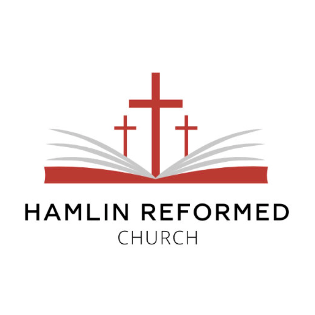 Hamlin Reformed Church logo - three crosses above an open book, Hamlin Reformed Church